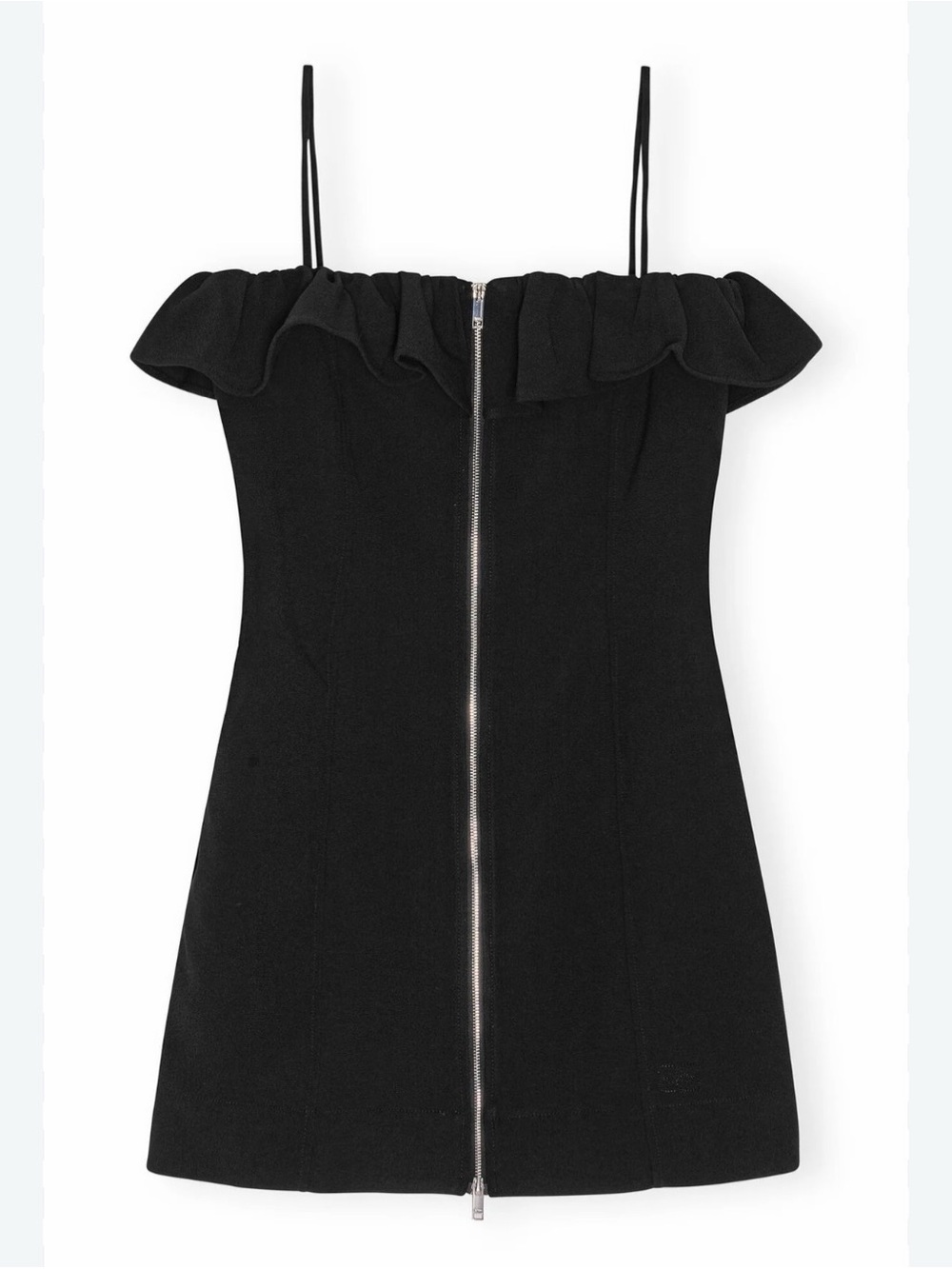 Black Ruffle-Trim Zip-Front Mini Dress